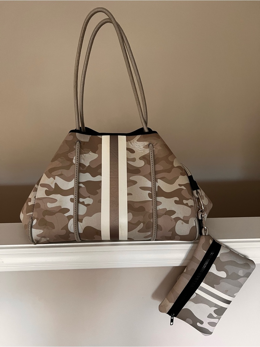 HAUTE SHORE Beige Camo Shoulder Tote with Cream & Tan Stripes